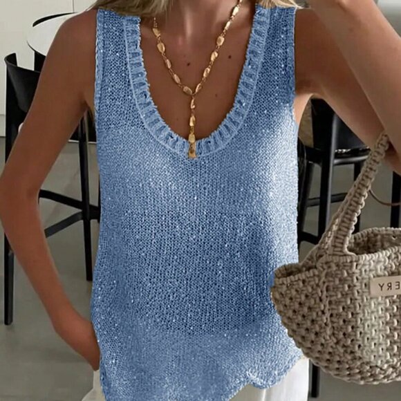 Blue Casual Women's Cute Sparkly See Through Textured Round Neck top - Picture 1 of 8
